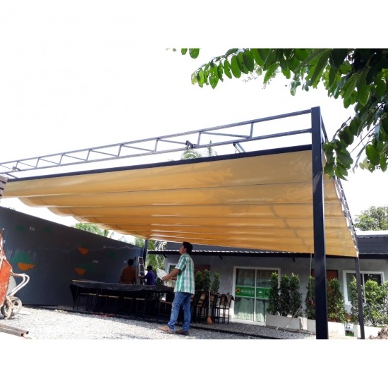 ติดตั้งหลังคาเลื่อนผ้าใบ พับเก็บได้ ลาดกระบัง หลังคาเลื่อนผ้าใบ หลังคาเลื่อนได้ หลังคาเปิดปิดได้ เต็นท์ผ้าใบ กันสาดพับเก็บได้ 